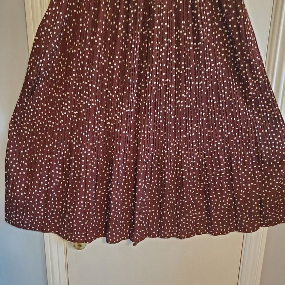 Simlu Brown Polka Dot Pleated Midi Skirt Elastic Waist L Boho Preppy Retro - Picture 3 of 11